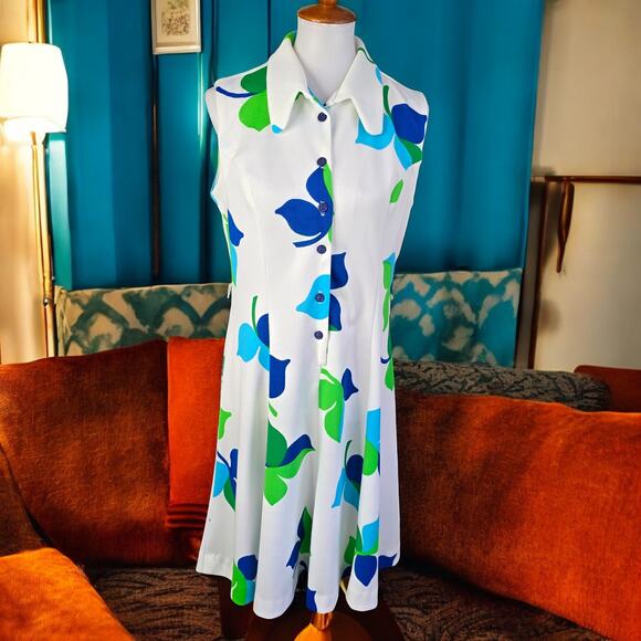 60s Mod Retro Collared Dress Blue Green Turquoise Vintage House Wife Size 18 - Picture 3 of 15